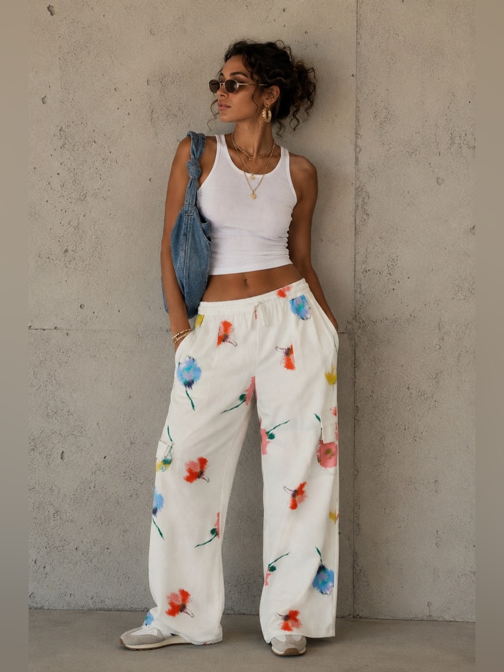 Sleeper Floral Cotton Wide Leg Cargo Trousers Elastic Waist Pants